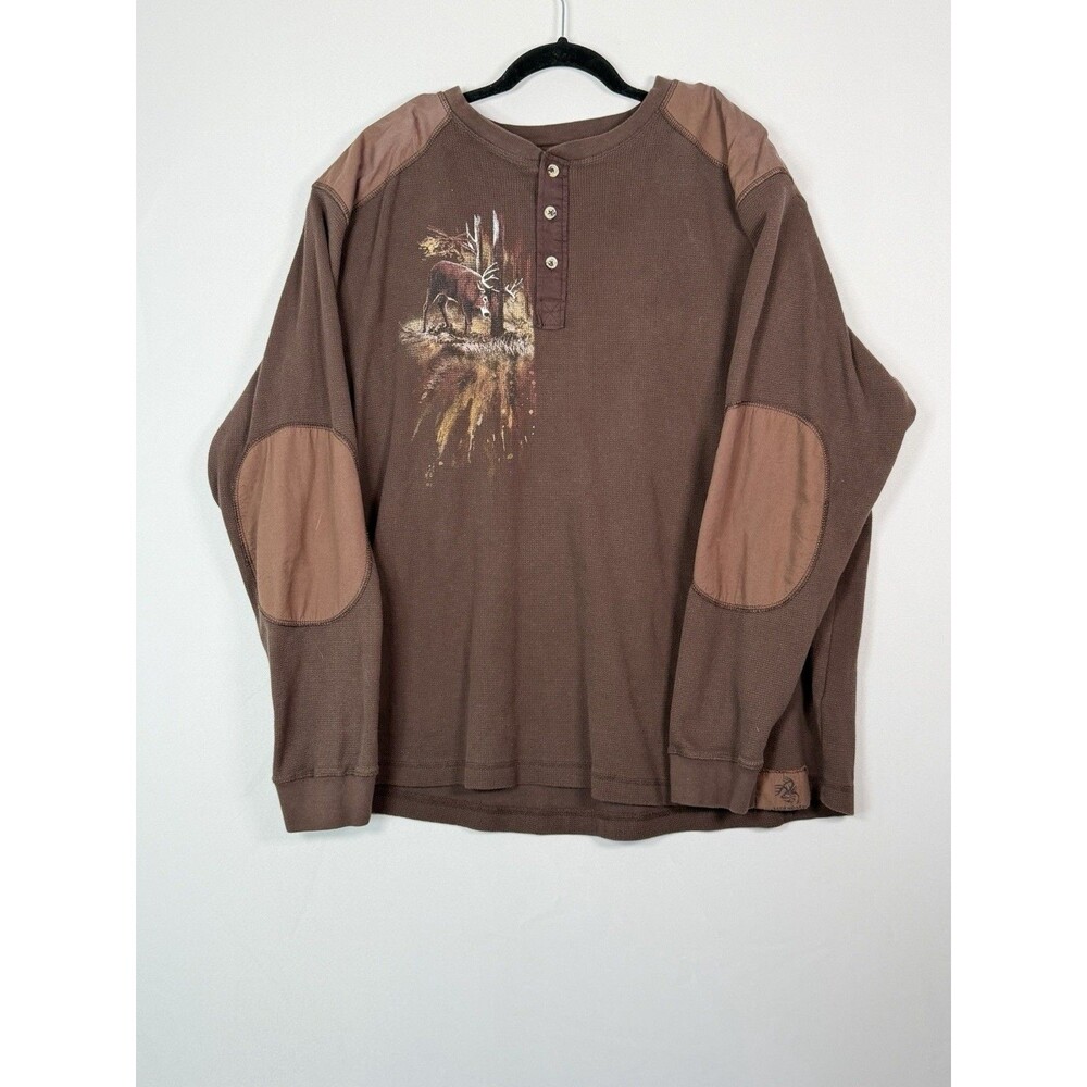 Legendary Men’s 2XL Brown Deer Hunting Thermal Henley Shirt Cotton Elbow Patches